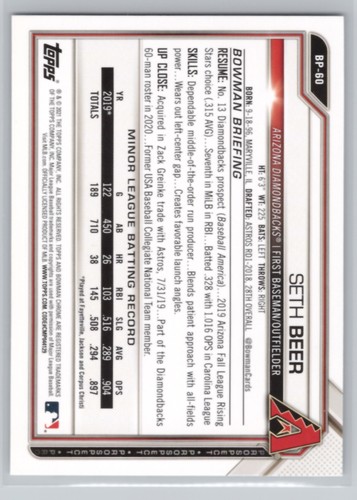 Bowman 2021 #BP-60 Seth Beer Prospects camuflaje Arizona Diamondbacks - Imagen 2 de 2
