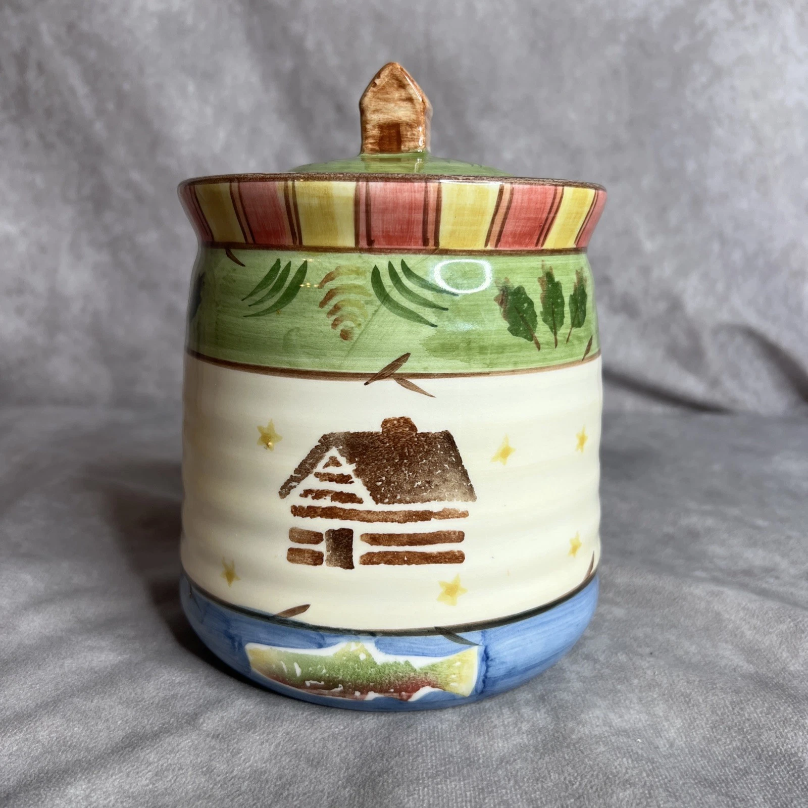 Timberland Bella Ceramica Log Cabin Canister Jar 8” Tall Lodge Rustic Kitchen