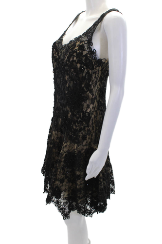 Sue Wong Womens Side Zip Sleeveless V Neck Lace Overlay Cocktail Dress Black 8P - Picture 2 of 6