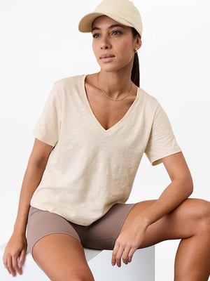 New Athleta M Essential Slub Supima Cotton V-Neck Short Sleeve Tee Bone Medium
