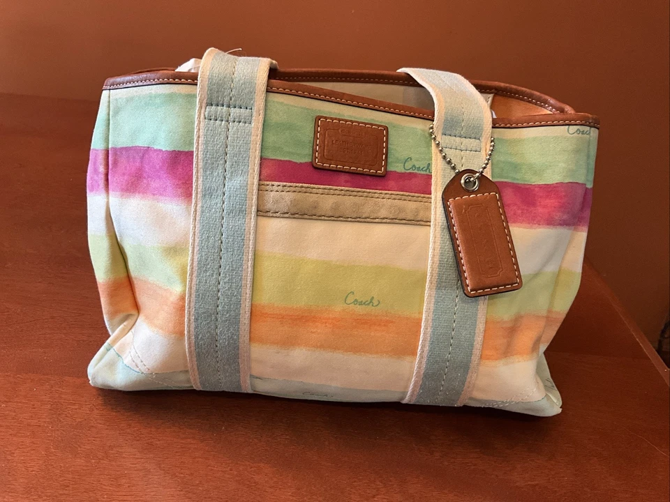 COACH 10025 Hampton Watercolor Pastel Stripes Small Tote Handbag Leather Handle