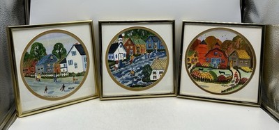 Hilda Kaihlanen Watercolors, Set of 3, Farm, Town, Spring Rain, Signed, Folk Art