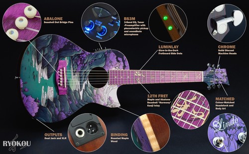 Guitarra de viaje electroacústica Lindo Ryokou con cuerdas de acero o nailon arte japonés - Imagen 8 de 9