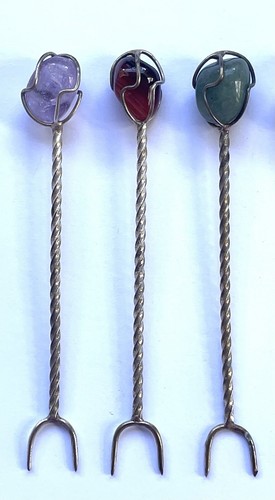 Juego de 6 horquillas de 4"" de largo para elegir cócteles entremeses de plata con piedras de ágata - Imagen 2 de 3