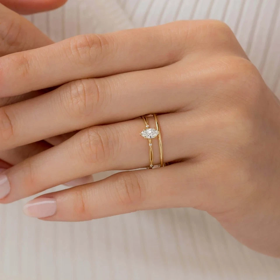 Moissanite Solitaire Women Ring Marquise Cut Gold Plated 925 Sterling Silver - Image 4 of 4