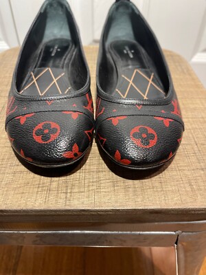 LOUIS VUITTON BLACK RED MONOGRAM REVIVAL BALLERINA FLAT SHOES 36.5