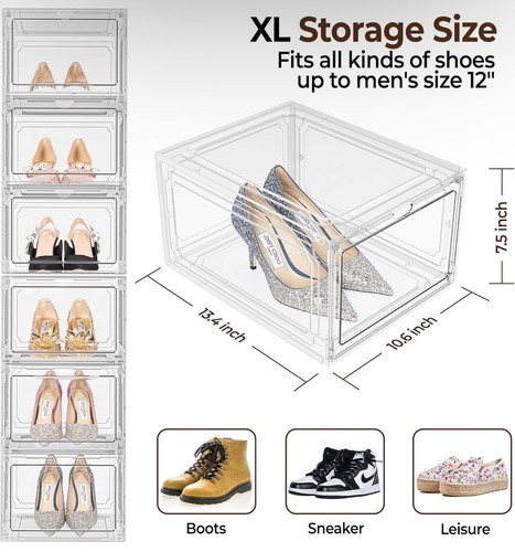 6 Pack Large Clear Plastic Shoe Boxes (13.4" x 10.6" x 7.5") Magnetic Front Door - Bild 2 von 6