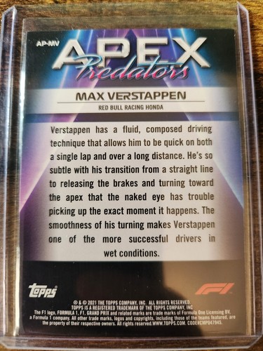 2021 Topps Formula 1 F1 Max Verstappen Apex Predators #AP-MV Red Bull Racing - Picture 2 of 2