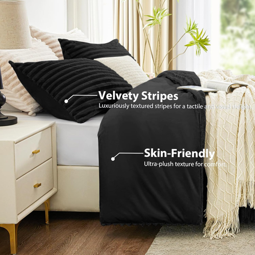 Fluffy Comforter Set Queen Size - Super Soft Faux Fur Stripe Jacquard Comforter - Picture 3 of 12