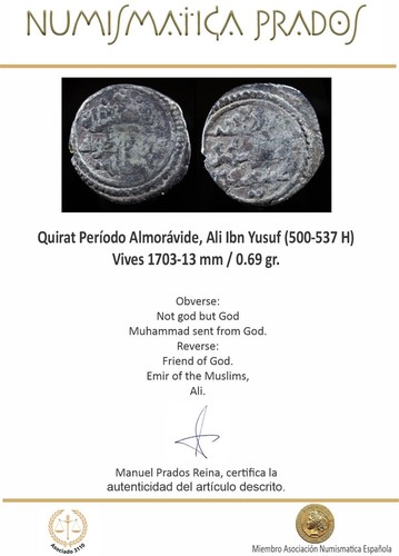 Quirat Período Almorávide, Ali Ibn Yusuf (500-537 H) Vives 1703-13 mm / 0.69 gr. - Picture 3 of 3