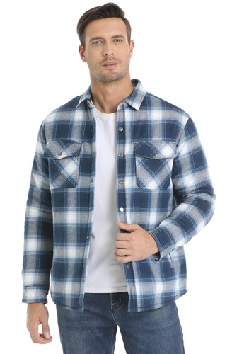 Men's Quilted Shirt Jacket Winter Warm Fleece Lined Plaid Coat Button Work Shirt - Picture 20 of 64