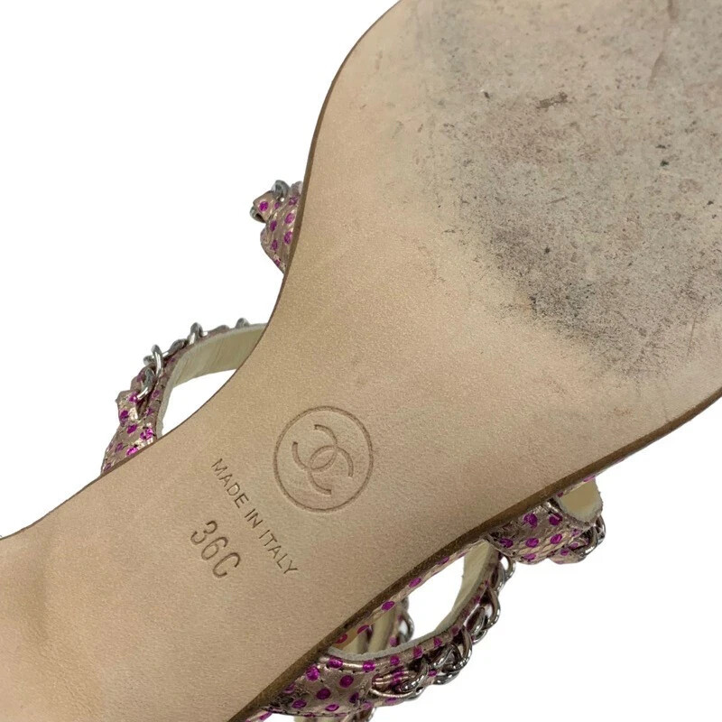 CHANEL G31530 Leather Chain Dot Sandals 36C Pink x Silver Women | eBay