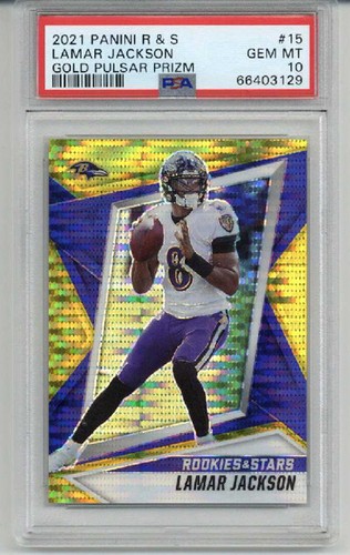 2021 PANINI ROOKIES & STARS GOLD PULSAR PRIZM #15 LAMAR JACKSON /15 PSA 10 RARE