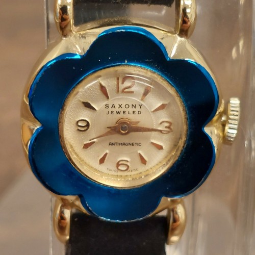 Vintage Saxony Jewelled Antimagnetic Swiss Made Watch Blow Flower Rare Swiss - Picture 2 of 9