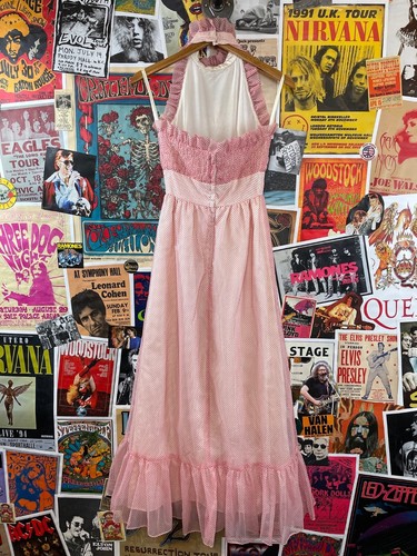 Vintage 60s-70s Juniors Red & White Polka Dot Smocked Ruffle Halter Maxi Dress - Picture 4 of 8