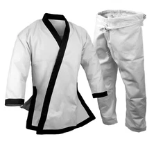 12 oz Tang Soo Do Uniform Karate Gi  White with Black Heavy Weight Dobak
