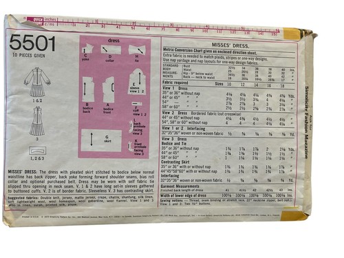 Vintage 1970s Sewing Pattern Simplicity 5501 Dress Pleat Skirt Back Zip Size 12 - Picture 2 of 2