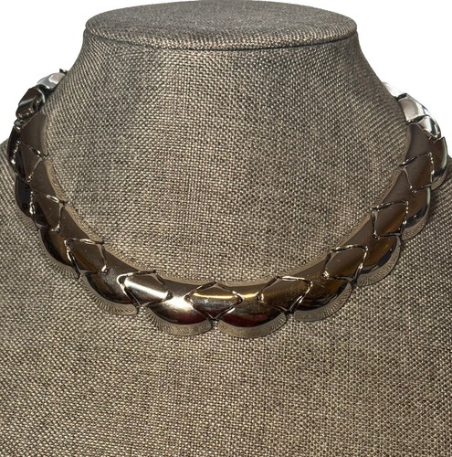 VTG Silver Tone Choker/ Collar Necklace Chunky Metal Link ~ 15” Snake Unmarked - Picture 3 of 9