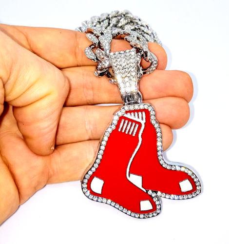 BOSTON RED SOX GEM NECKLACE Silver Hip Hop MLB Team Bling Pendant & 20" Chain - Picture 2 of 4