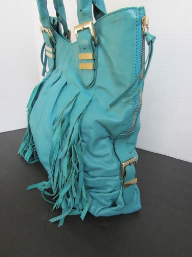 Hype turquoise smooth lamb leather fringed hobo shoulder biker handbag-NWOT - Picture 6 of 15