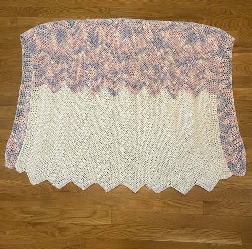 Handmade Crochet Baby Blanket Afghan Wrap Throw 40x66” Pastel Pink Blue Cream - Picture 6 of 14