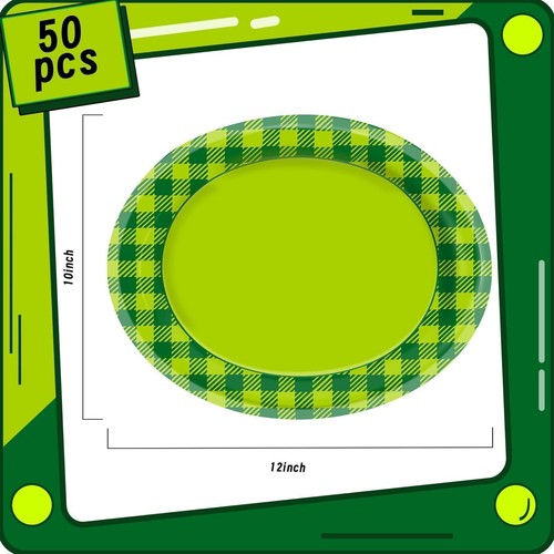 Oval Plates 12 X 10 Inch Green Party Plates gingham Party Decorations Heavy Duty - Picture 3 of 8