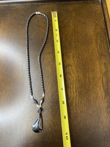 Hematite Necklace With Teardrop Pendant ~ Barrel Clasp ~ Barrel Beaded - Picture 3 of 4