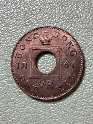 1866 Hong Kong 1 mil coin. (Victoria era). KM 3. Open center. Bronze Rare BU Rb - Picture 3 of 8