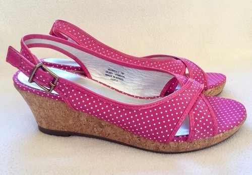LL Bean Pink Polka Dot Sandals Slingback Cork Wedge Heels sz 7 M - Picture 3 of 9