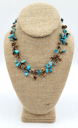 Vtg. Handpicked Sterling Silver Pearls Tiger Eye Faux Turquoise Glass Necklace - Picture 1 of 4