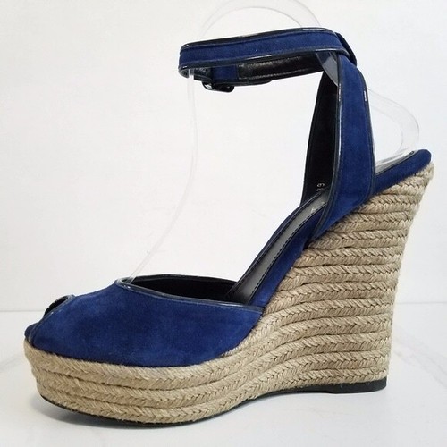 NEW THEORY ESPADRILLE NAVY SUEDE ANKLE STRAP WEDGE SANDAL SIZE 37.5/7-7.5 $359 - Picture 2 of 15