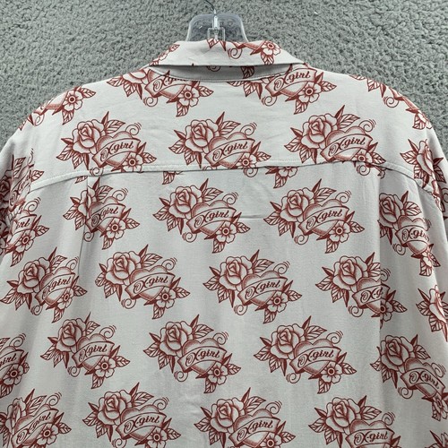X-girl Floral Tattoo Print Women’s S Button-Down Shirt Top Collared White Red - Picture 17 of 18