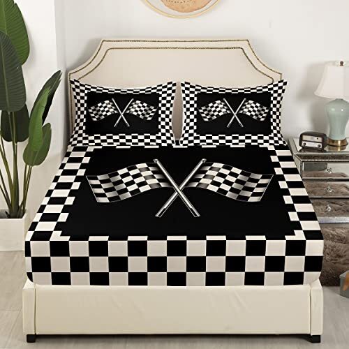 Checkered Flag Bedding Set Twin Size Black and White Bed Set for Girls Teens ... - Picture 1 of 7