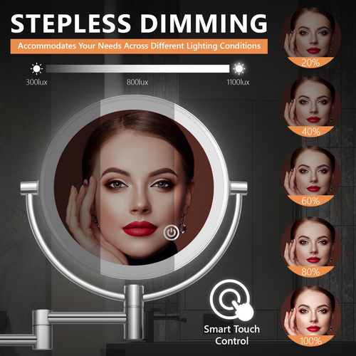 Wall Mounted Lighted Makeup Mirror, AC Plug, 8" Double Sided 1X/10X Magnifying - Picture 3 of 12