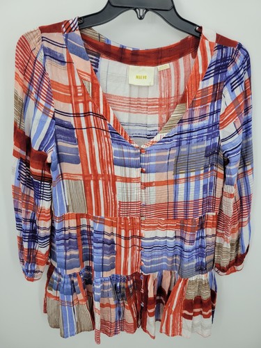 Maeve Anthropologie Top Womens Medium Red White Blue Plaid Long Sleeve Boho