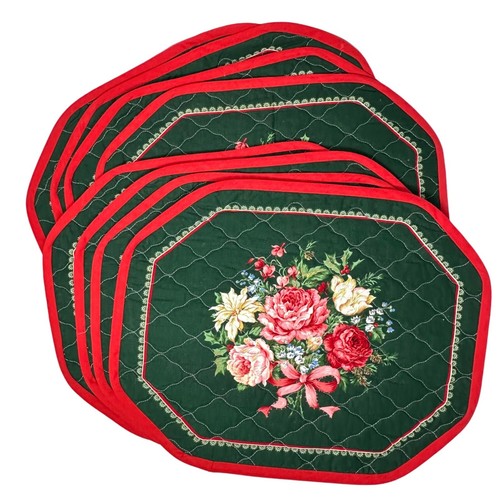 Vintage Quilted Floral Placemats Reversible Dark Green & Red 14 x 18 Set of 8 - Picture 7 of 9