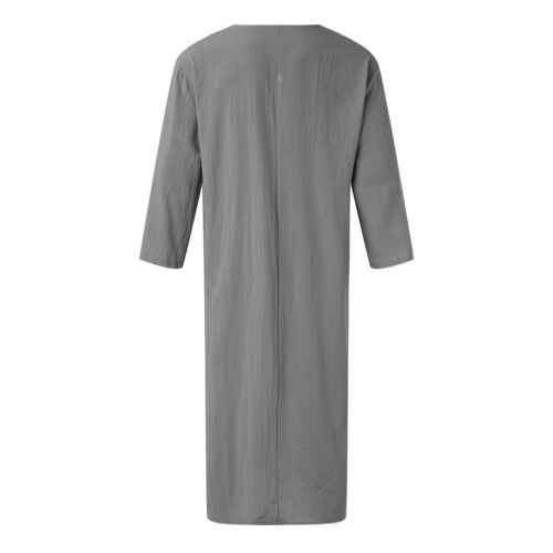 Men's Long Sleeve V Neck Robe Kaftan Thobe with Pockets Long Gown Casual Shirt - Picture 7 of 27