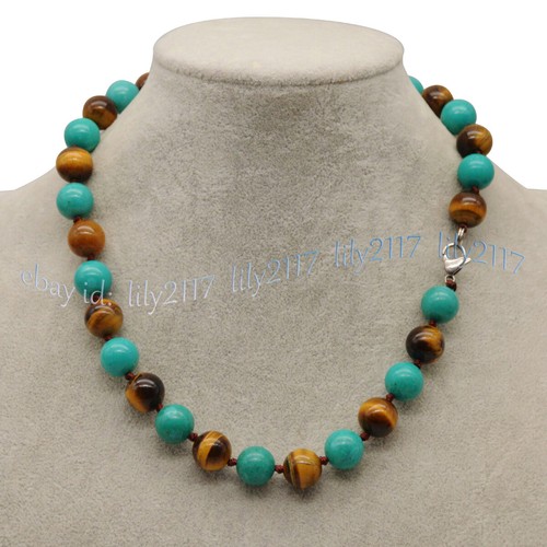 Natural Green Turquoise Yellow Tigers Eye Round Gems Beads Necklace Bracelet Set - Picture 6 of 17