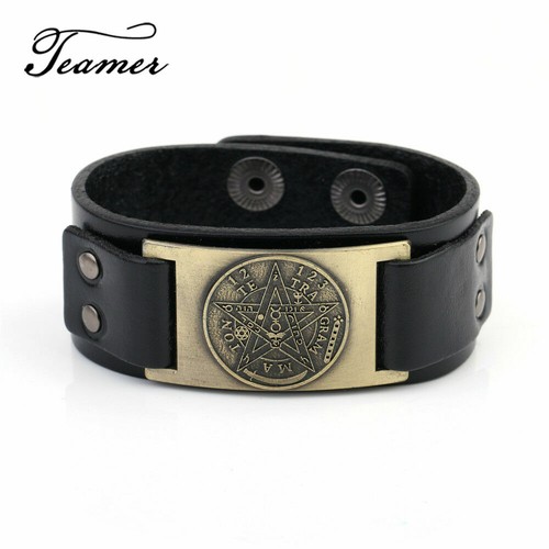 Brazalete brazalete brazalete brazalete pulsera cuero pentagrama Wicca Tetragrammaton para mujer y hombre - Imagen 1 de 15