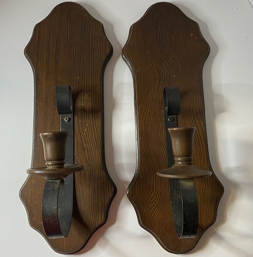 VTG Rustic Wooden/Metal Hanging Wall Candle Holders - Picture 1 of 4
