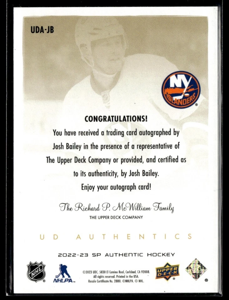 2022-23 SP Authentic UD Authentics Autographs Josh Bailey #UDA-JB - Image 2 of 2