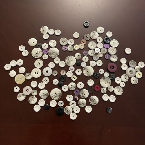 Nice Mixed Lot of 129 Buttons Original Vintage 2 Hole Flat Silver Pearl Set - Picture 2 of 4