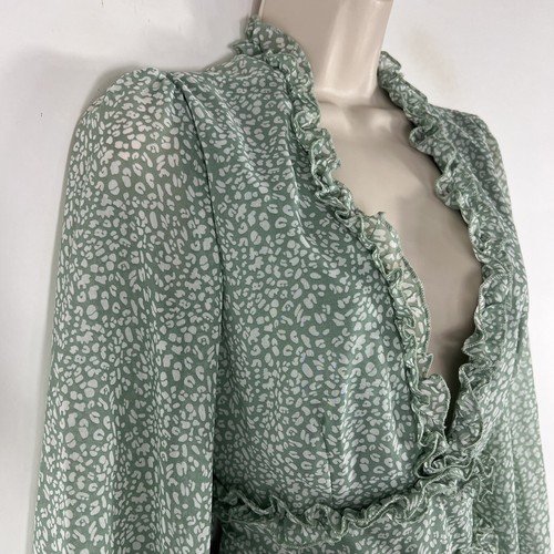Damen Medium Rüschen A-Linie Kleid Grün Blumen Chiffon Cottagecore Bauer - Bild 6 von 10