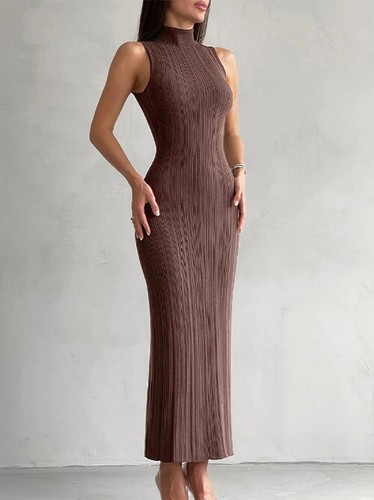 Knitted Dress 2024 Spring Summer Maxi Turtleneck Sleeveless Sheath Long Dress - Picture 2 of 25
