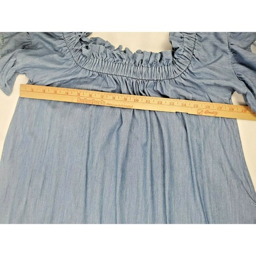 Umgee Dress M Off Shoulder Bell Sleeve Blue Denim Pockets Womens Size Medium - Picture 4 of 6