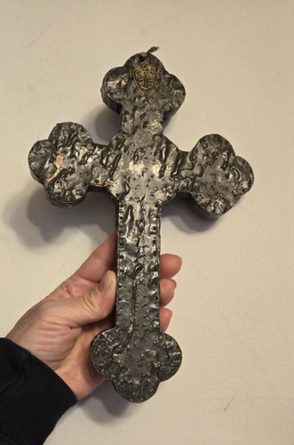 GOTHIC REVIVAL VICTORIAN WOODEN TINNED BRASS PEWTER CROSS / CRUCIFIX 9.5 Inches - Picture 8 of 22