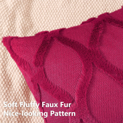 Throw Pillow Covers 18X18 Inch Set of 2, Soft Plush Faux Fur Wool Burgundy Couch - Picture 2 of 12