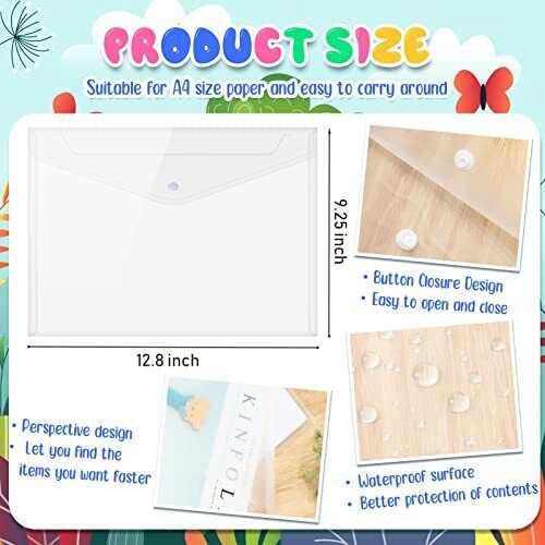 200 Pack Clear Envelopes Folder A4 Plastic with Snap Closure Button Bulk Lett... - Picture 3 of 7