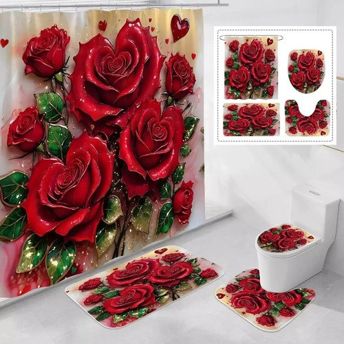 4 Pcs Red Rose Shower Curtain Set with Non-Slip Rugs, Toilet Lid Cover and Bath