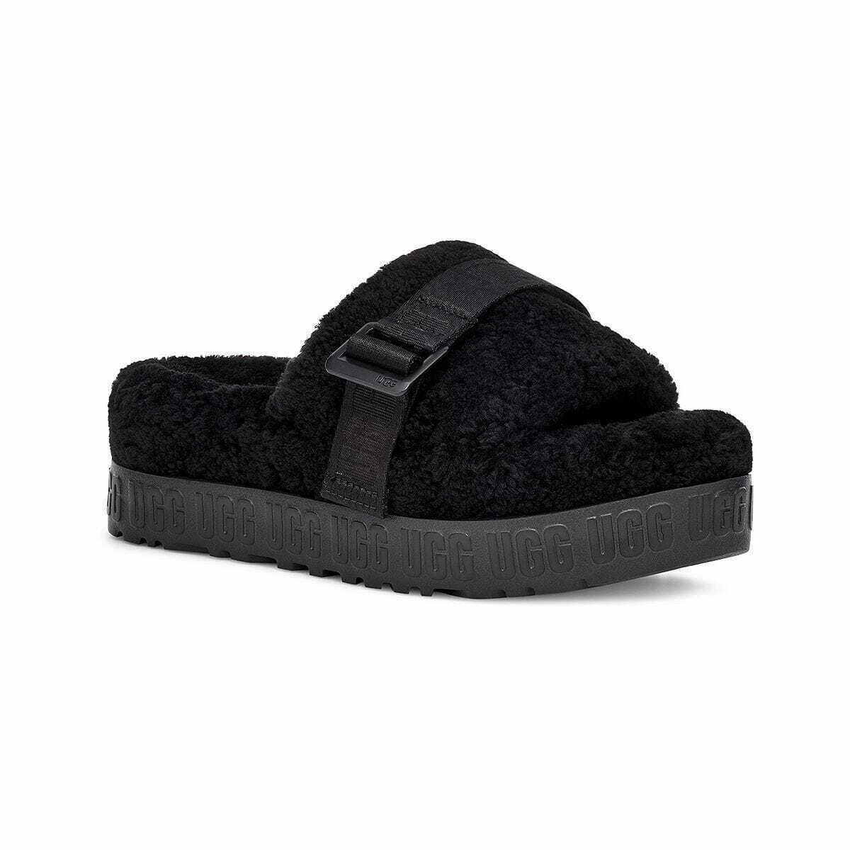 NUOVE SENZA ETICHETTE UGG FLUFFITA NERE PLATFORM SLIDES PANTOFOLE PELLE DI PECORA DONNA TAGLIA 8 US